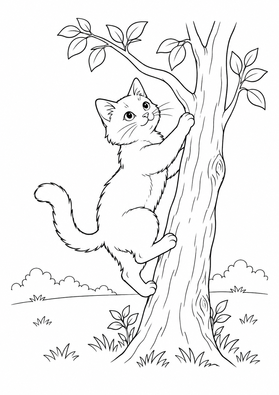 Katze klettert auf Baum – Ausmalbild kostenlos – Ausmalbild zum Ausdrucken