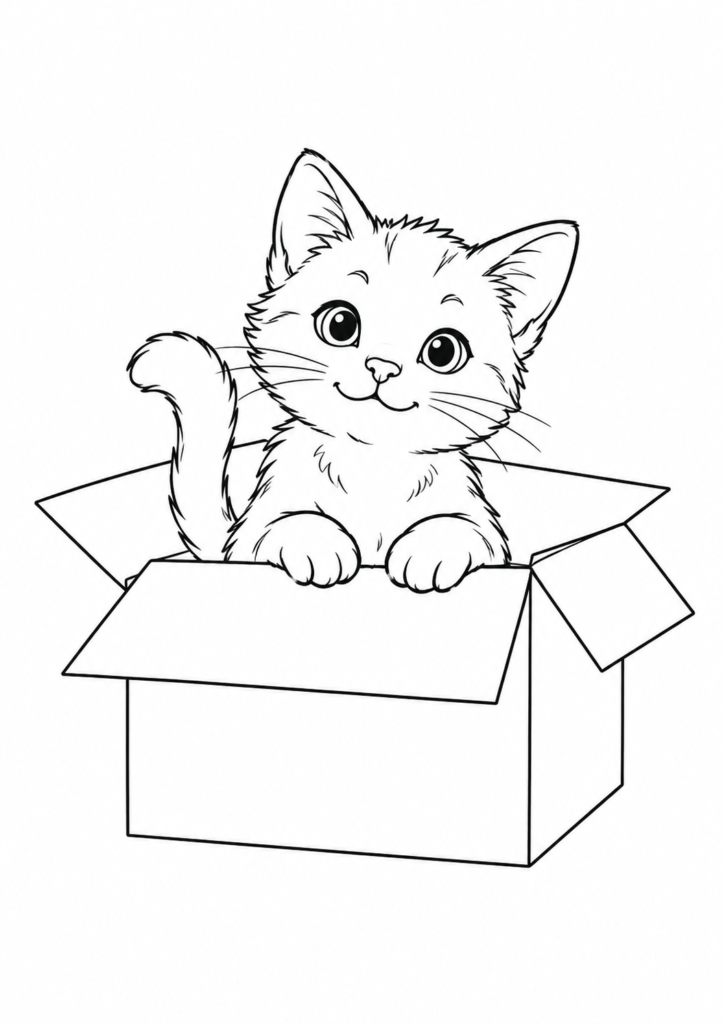 Katze schaut aus Karton – Ausmalbild kostenlos – kostenlose Malvorlage zum Ausdrucken