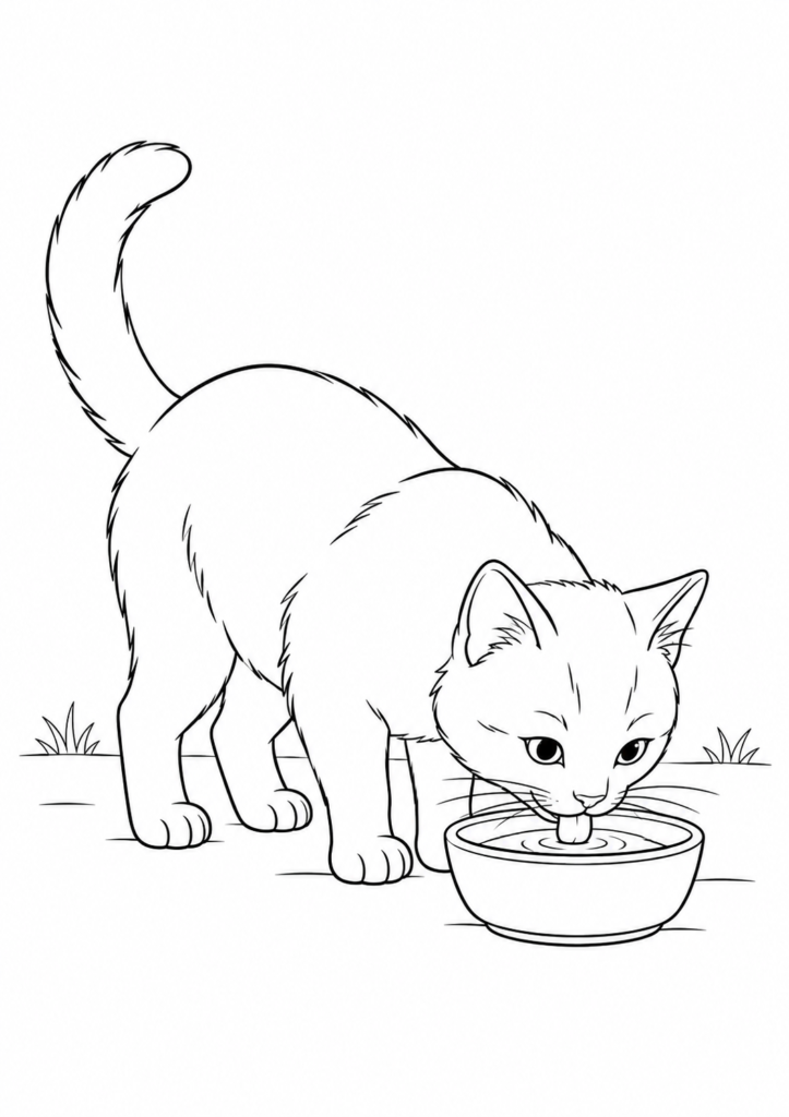 Katze trinkt Wasser – Ausmalbild kostenlos – kostenlose Malvorlage zum Ausdrucken