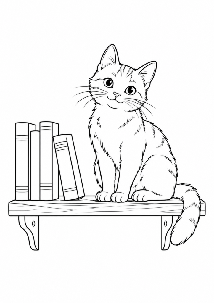 Katze im Bücherregal – Ausmalbild kostenlos – kostenlose Malvorlage zum Ausdrucken