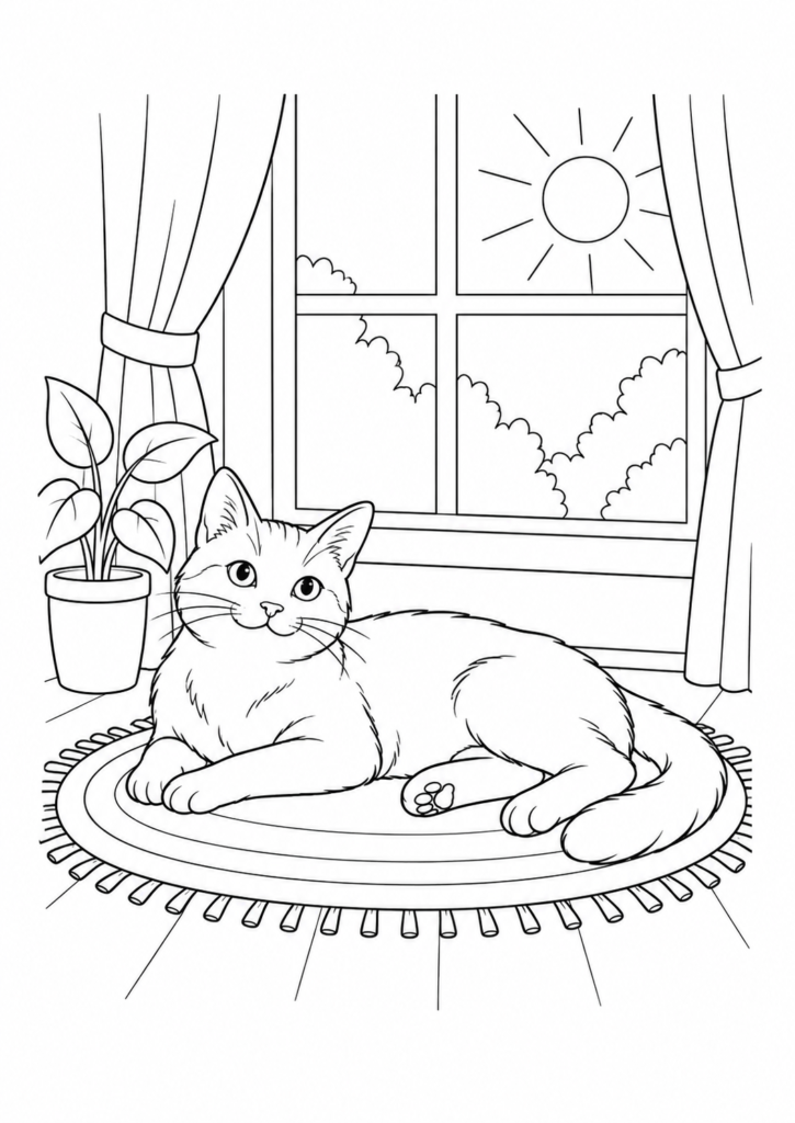 Katze im Sonnenlicht – Ausmalbild kostenlos – kostenlose Malvorlage zum Ausdrucken