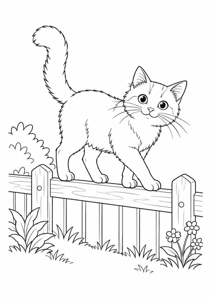 Katze auf Gartenzaun – Ausmalbild kostenlos – kostenlose Malvorlage zum Ausdrucken
