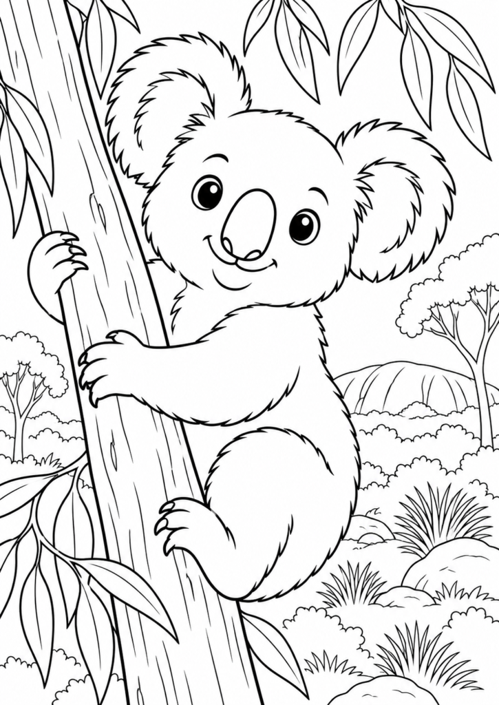 Koala im Eukalyptus – Ausmalbild kostenlos – kostenlose Malvorlage zum Ausdrucken