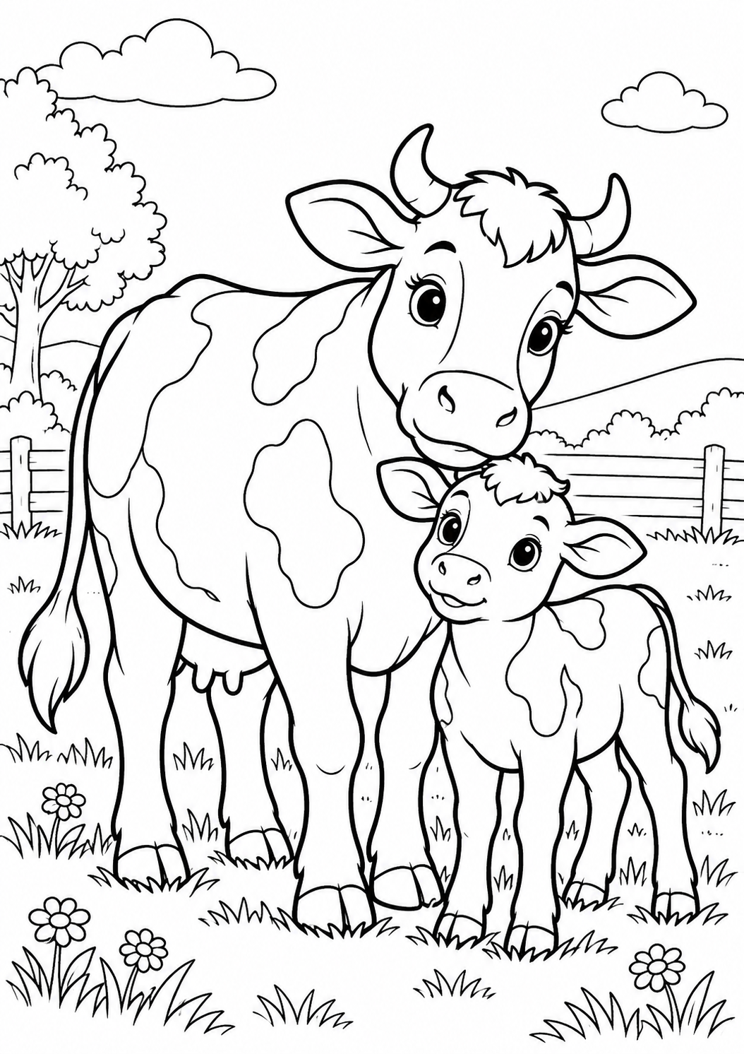 Kuh mit Kalb – Ausmalbild kostenlos – Ausmalbild zum Ausdrucken