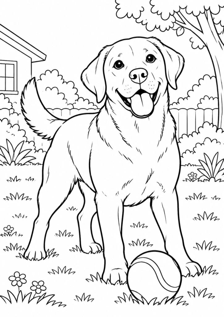 Labrador mit Ball – Ausmalbild kostenlos – kostenlose Malvorlage zum Ausdrucken