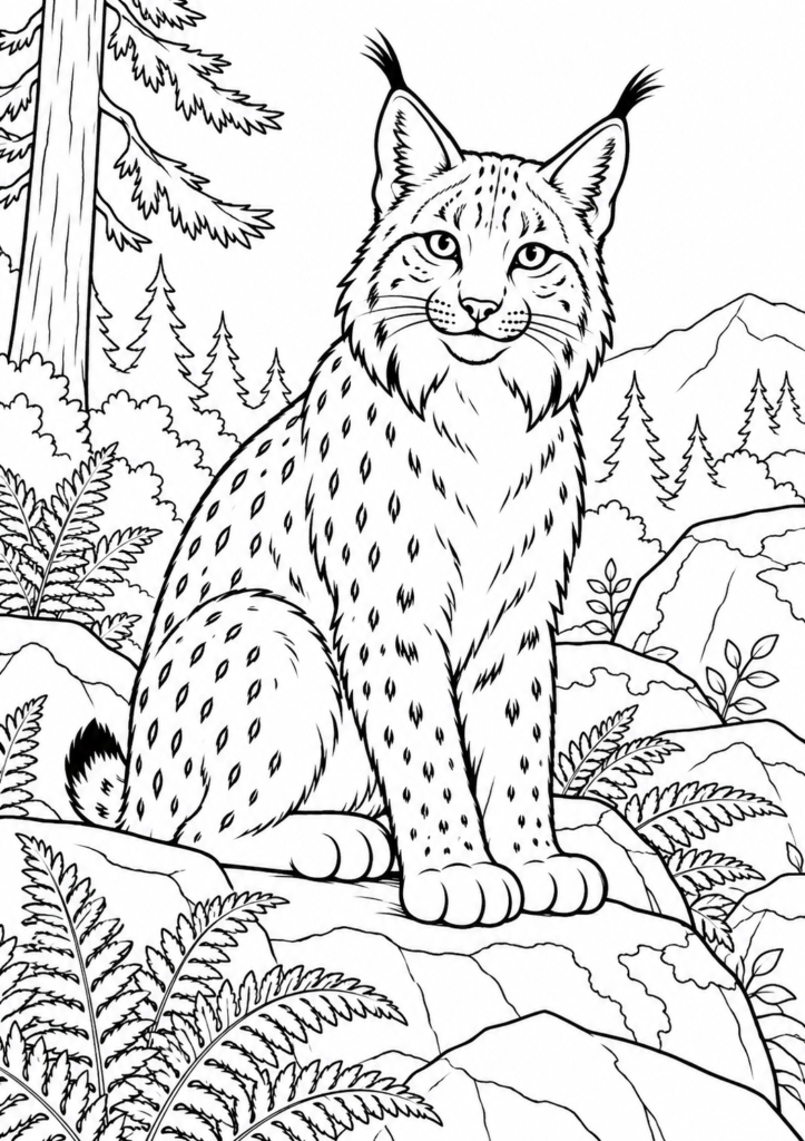 Luchs im Wald – Ausmalbild kostenlos – kostenlose Malvorlage zum Ausdrucken
