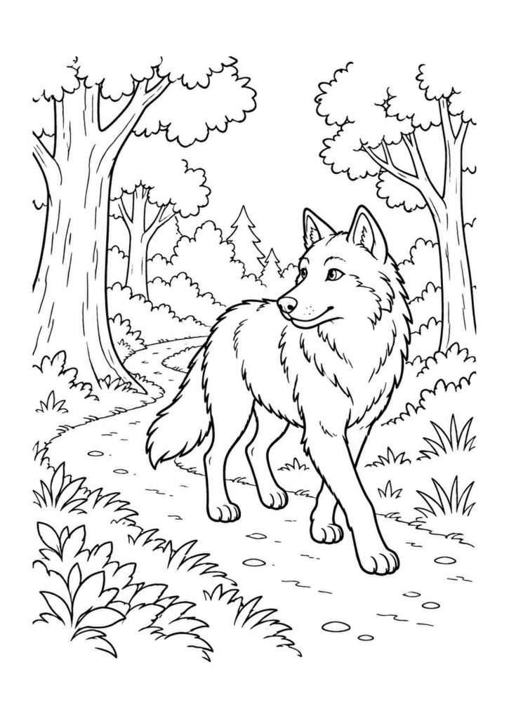 Wolf auf dem Waldweg – Ausmalbild kostenlos – kostenlose Malvorlage zum Ausdrucken