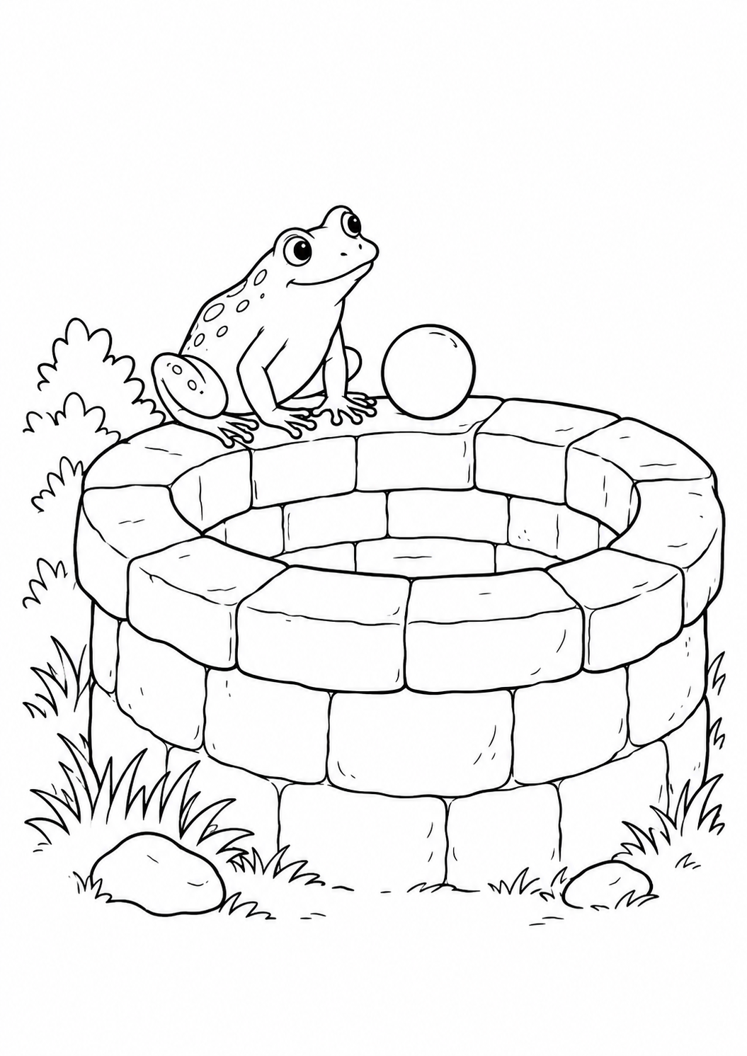 Frosch am Brunnenrand – Ausmalbild kostenlos – Ausmalbild zum Ausdrucken