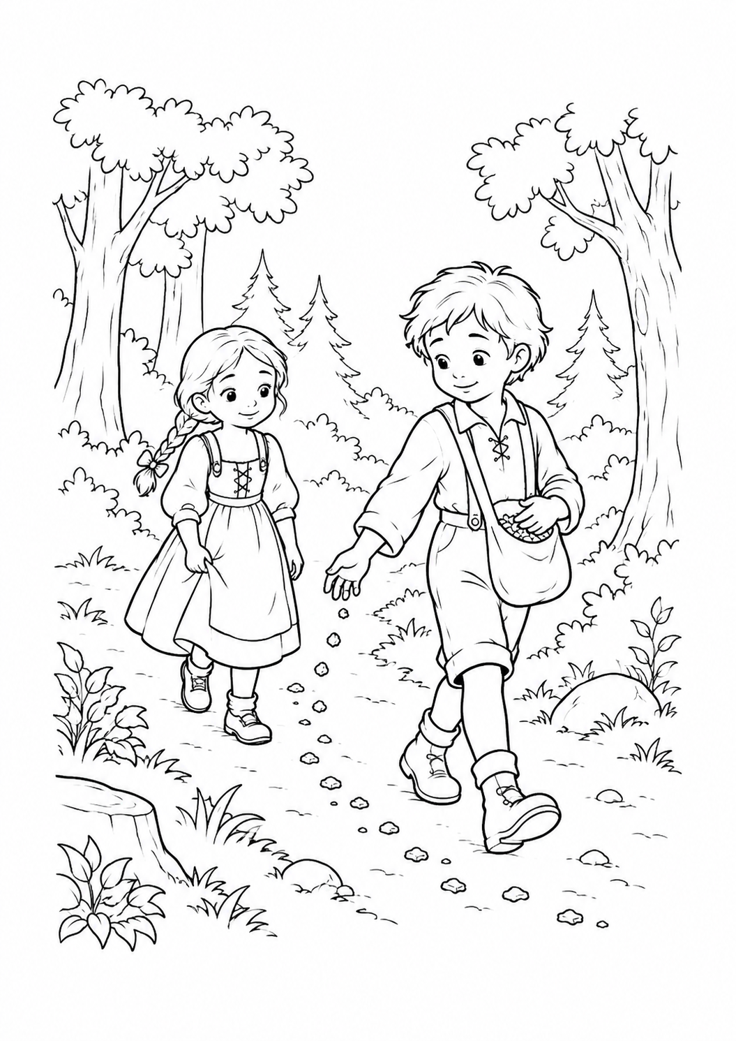 Hänsel und Gretel mit Brotkrumen – Ausmalbild kostenlos – Ausmalbild zum Ausdrucken