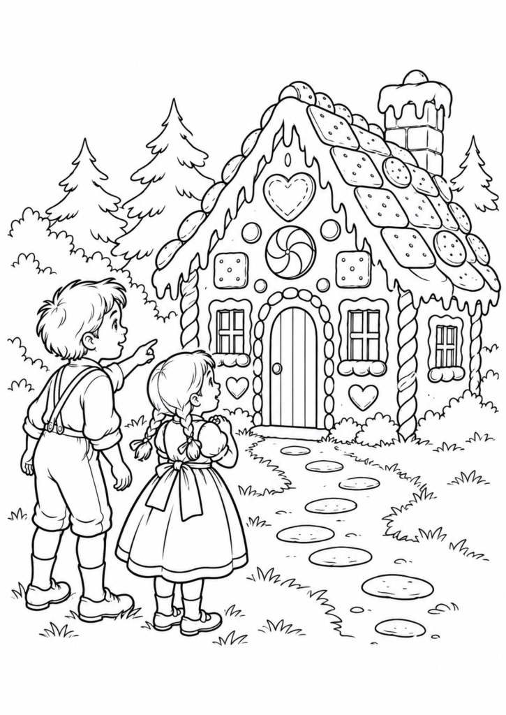 Hänsel und Gretel vor Lebkuchenhaus – Ausmalbild kostenlos – kostenlose Malvorlage zum Ausdrucken