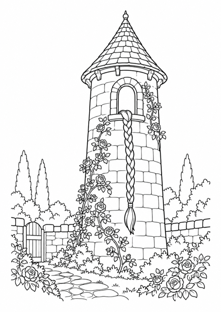 Rapunzels Turm im Garten – Ausmalbild kostenlos – kostenlose Malvorlage zum Ausdrucken