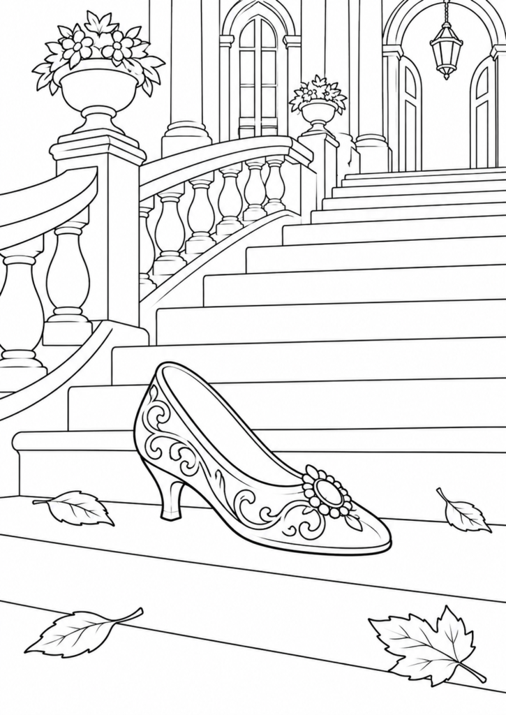 Aschenputtels verlorener Schuh – Ausmalbild kostenlos – kostenlose Malvorlage zum Ausdrucken