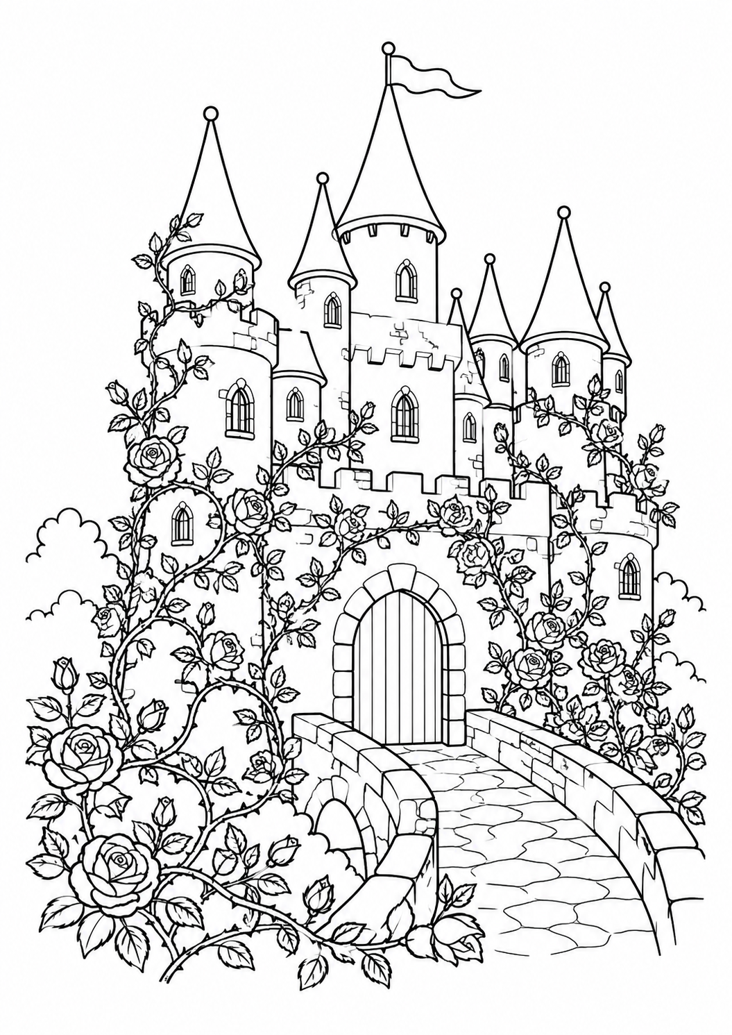 Dornröschens Schloss mit Rosen – Ausmalbild kostenlos – Ausmalbild zum Ausdrucken