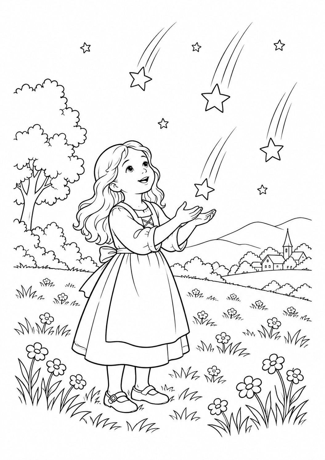 Sterntaler unter Sternen – Ausmalbild kostenlos – Ausmalbild zum Ausdrucken