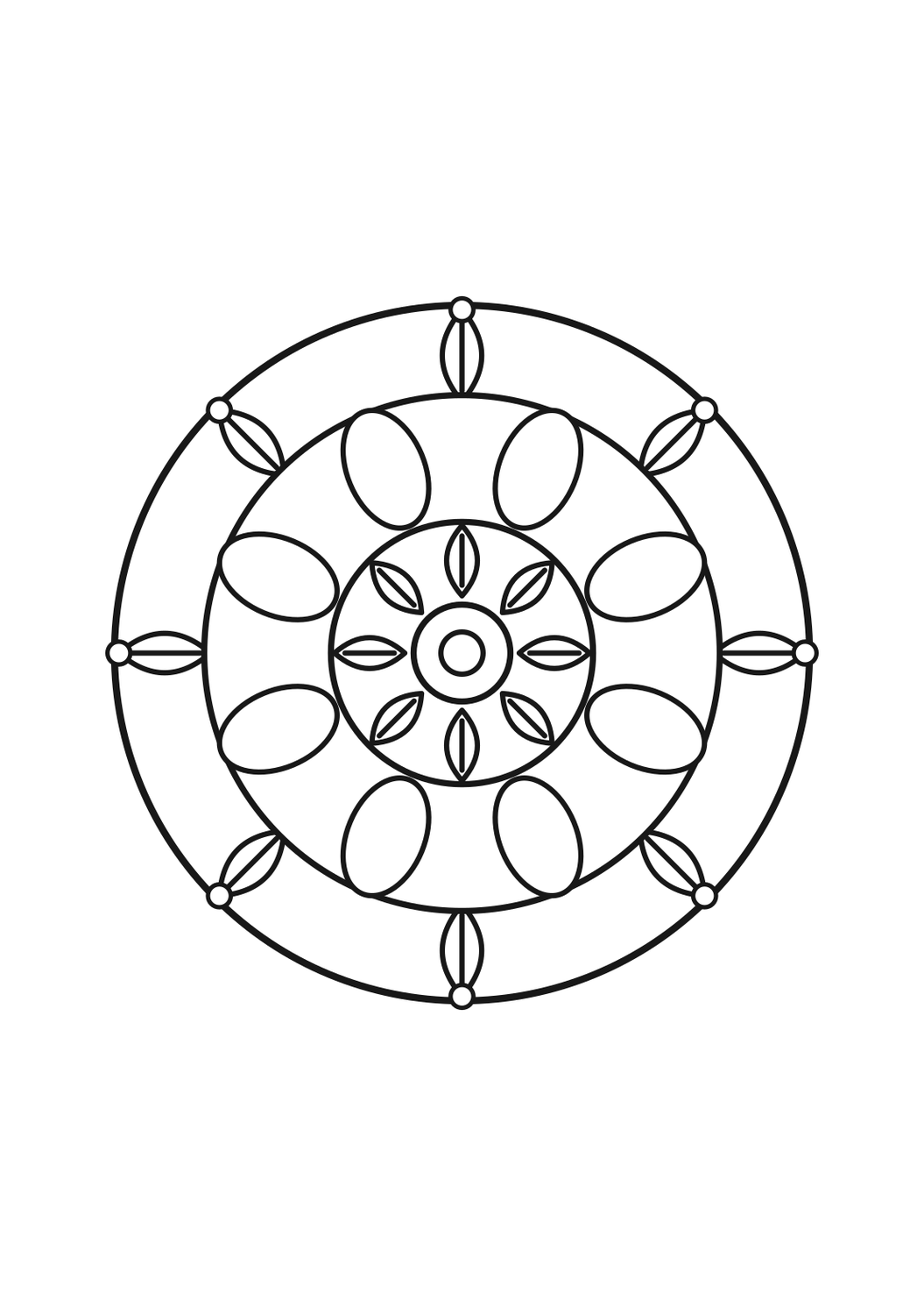 Sonnenblumen-Mandala als schwarz-weiße Malvorlage zum Ausdrucken