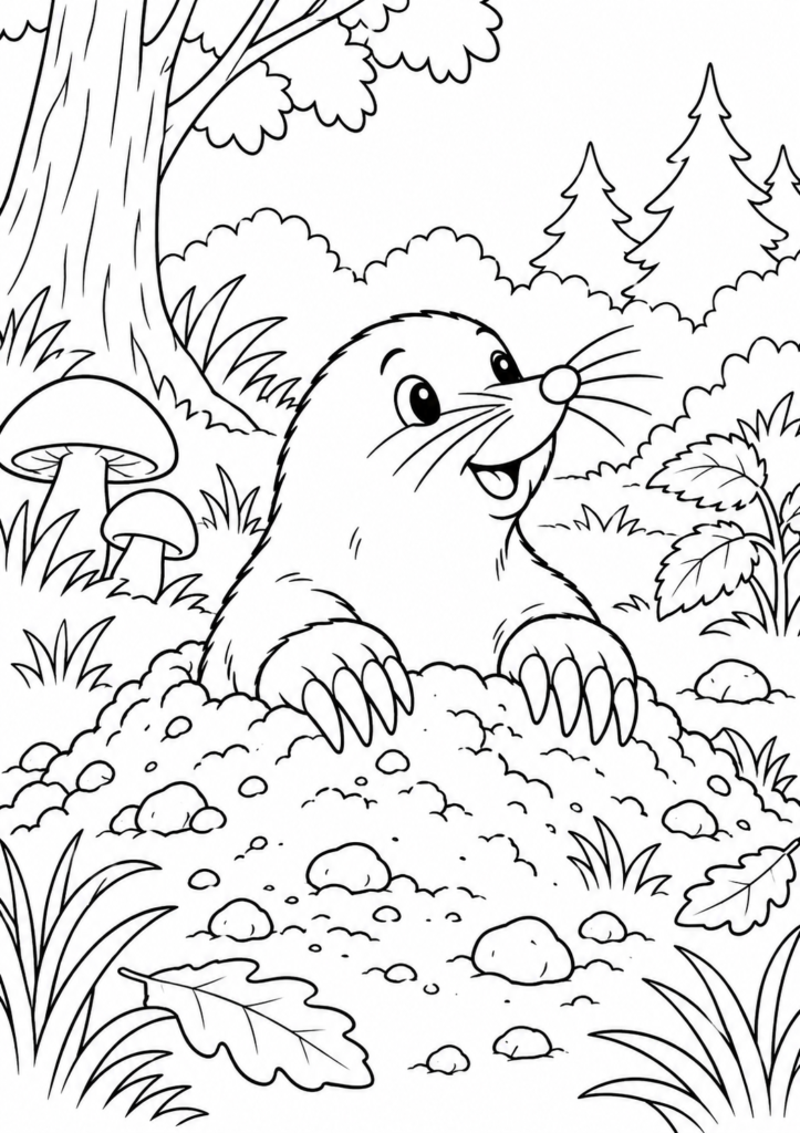 Maulwurf im Waldboden – Ausmalbild kostenlos – kostenlose Malvorlage zum Ausdrucken