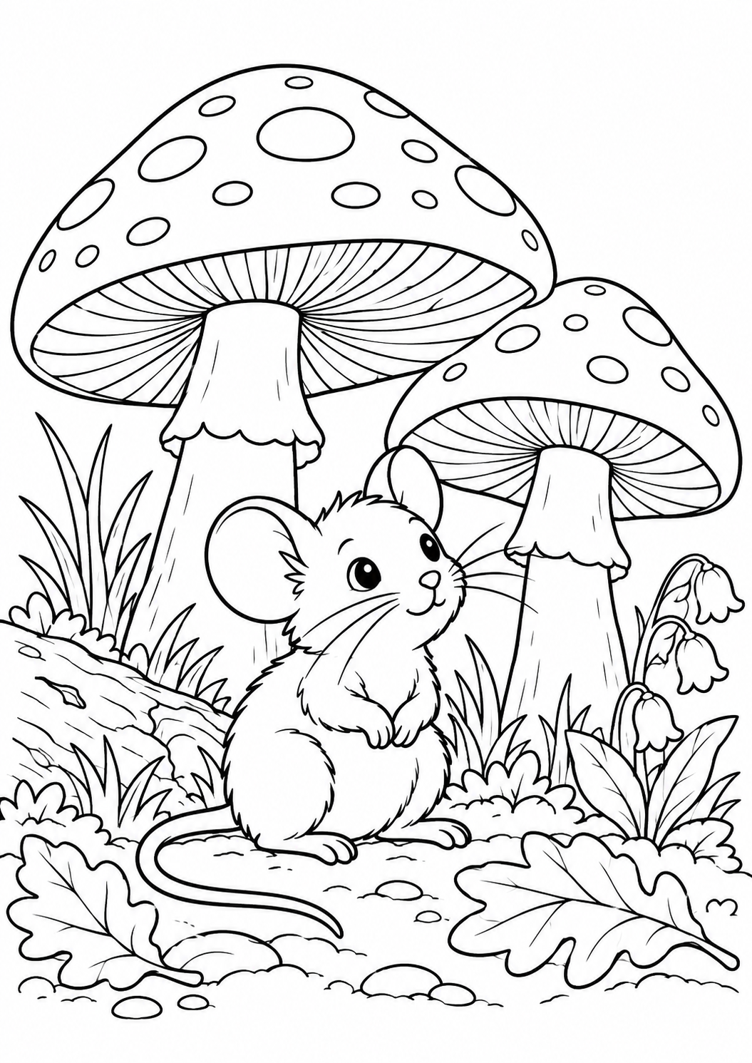 Maus unter Pilzen – Ausmalbild kostenlos – Ausmalbild zum Ausdrucken