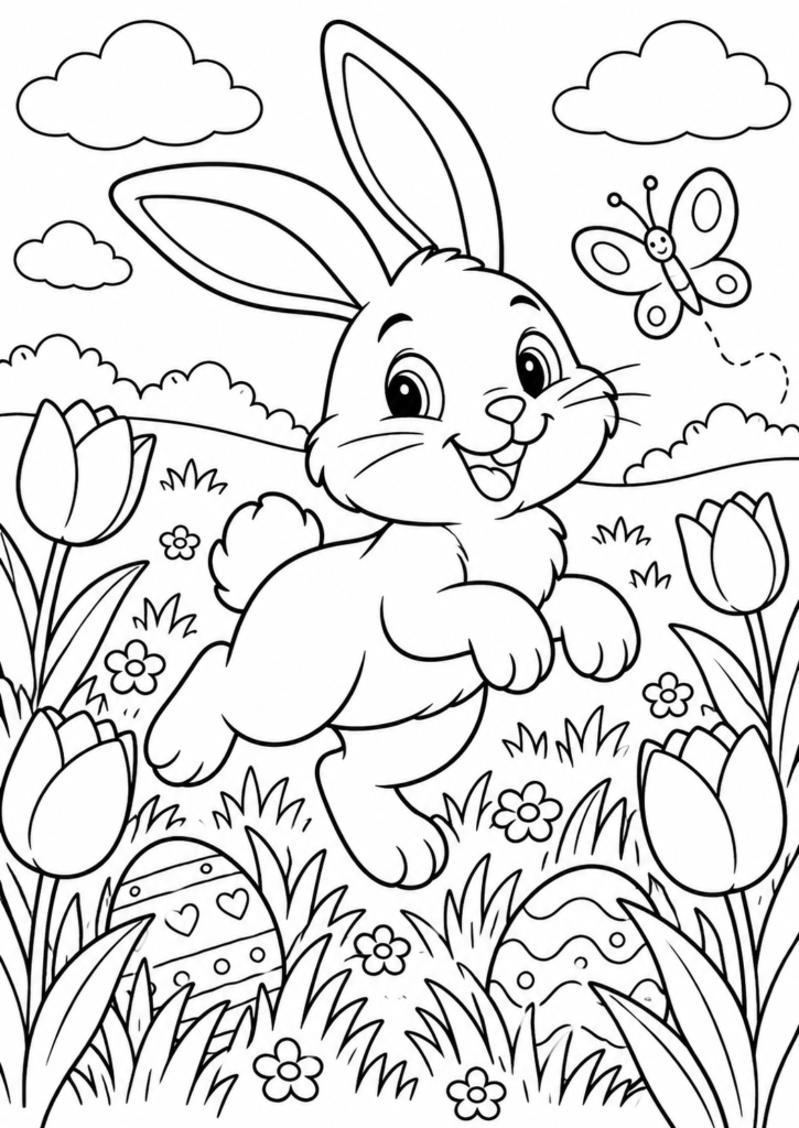 Osterhase auf der Wiese – Ausmalbild kostenlos – kostenlose Malvorlage zum Ausdrucken