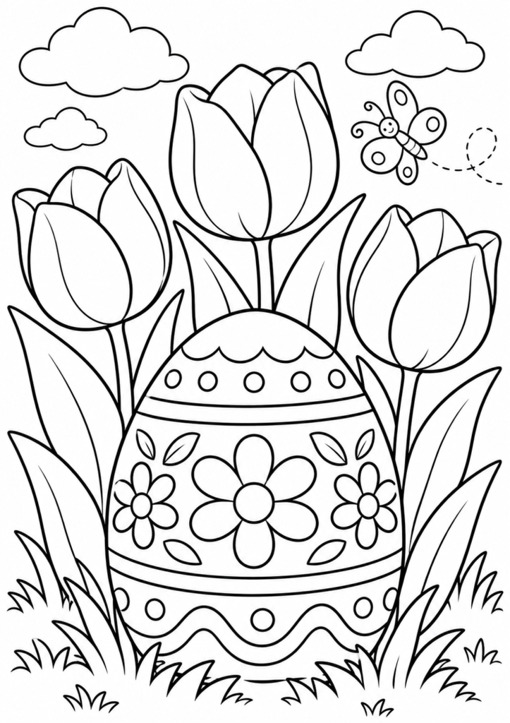 Tulpen und Osterei – Ausmalbild kostenlos – kostenlose Malvorlage zum Ausdrucken