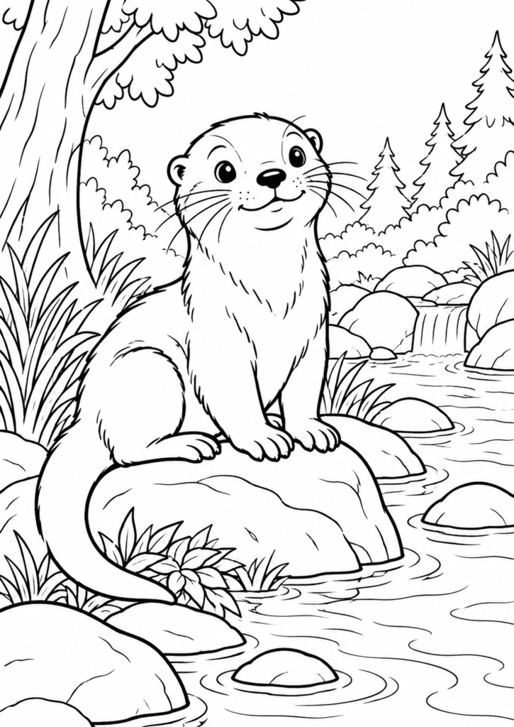 Otter am Bach – Ausmalbild kostenlos – kostenlose Malvorlage zum Ausdrucken
