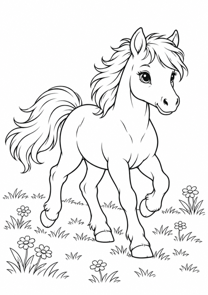 Pony auf der Wiese – Ausmalbild kostenlos – kostenlose Malvorlage zum Ausdrucken