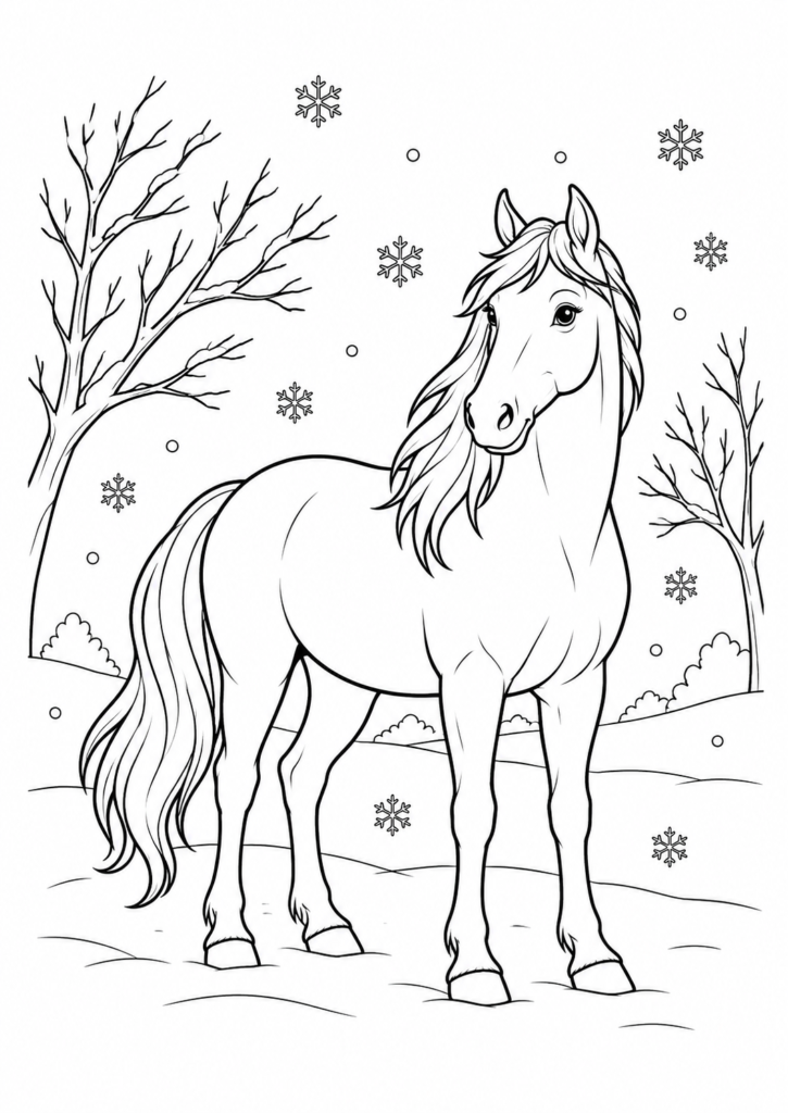 Pferd im Schnee – Ausmalbild kostenlos – kostenlose Malvorlage zum Ausdrucken