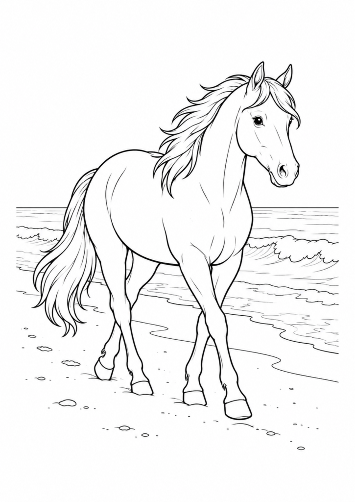 Pferd am Strand – Ausmalbild kostenlos – kostenlose Malvorlage zum Ausdrucken