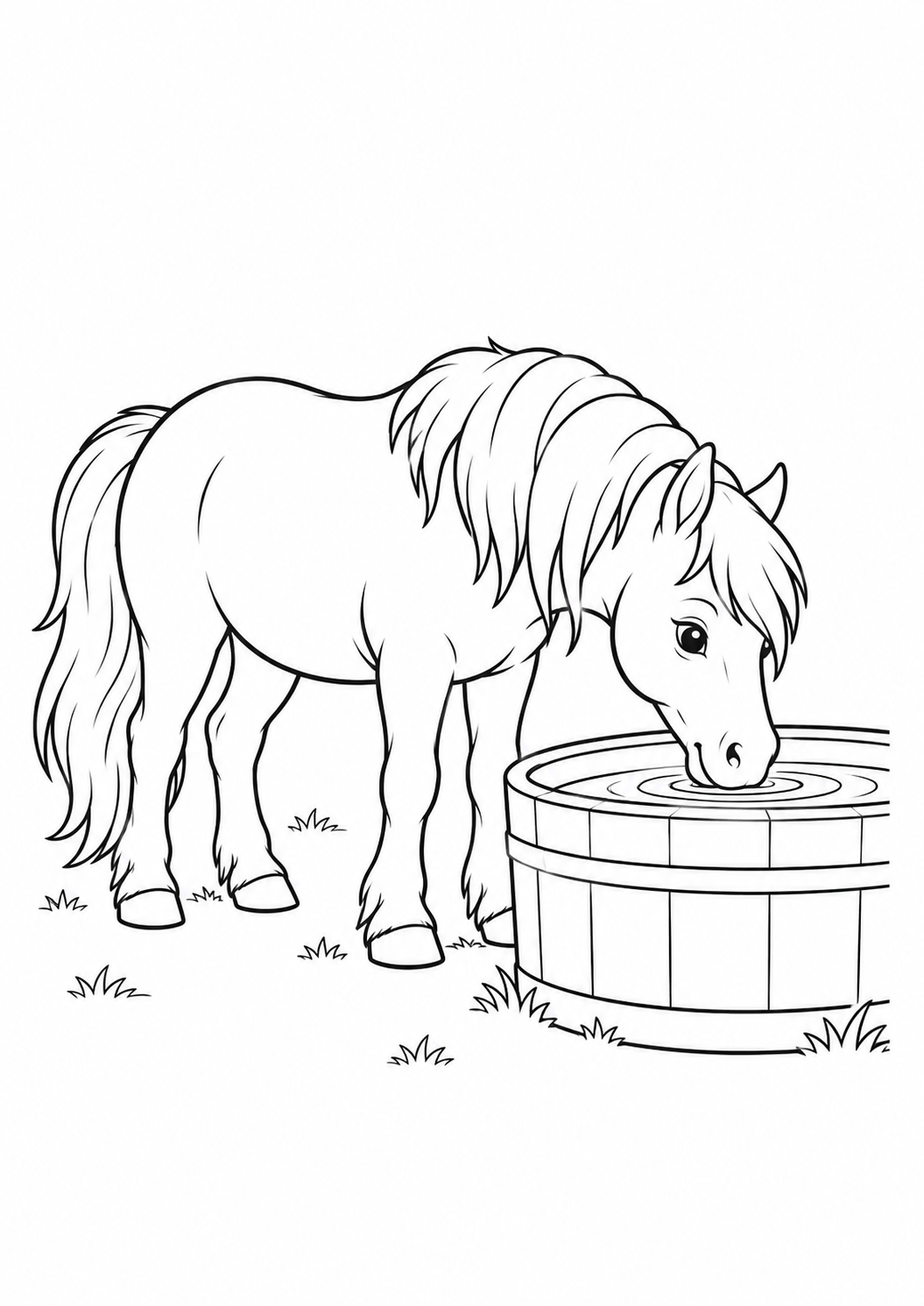 Pony an der Tränke – Ausmalbild kostenlos – Ausmalbild zum Ausdrucken