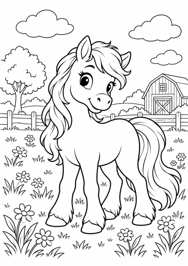 Pony auf der Blumenwiese – Ausmalbild kostenlos – kostenlose Malvorlage zum Ausdrucken