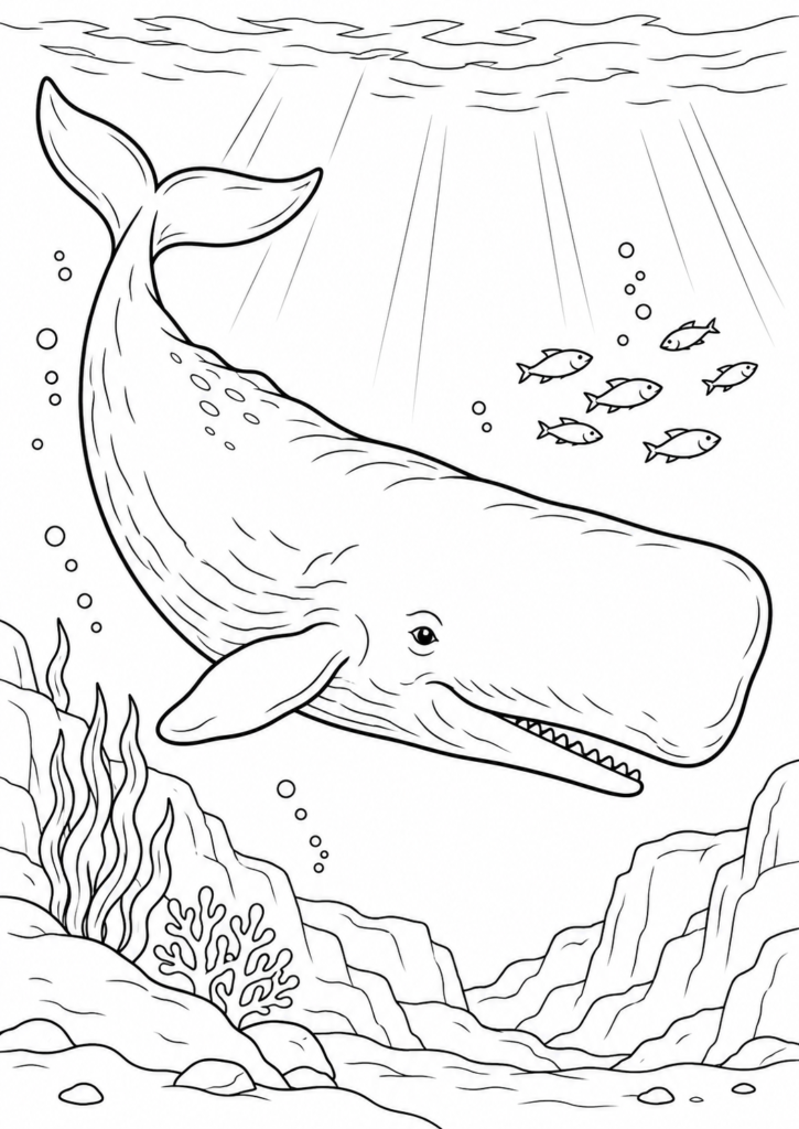 Pottwal – Ausmalbild kostenlos – kostenlose Malvorlage zum Ausdrucken
