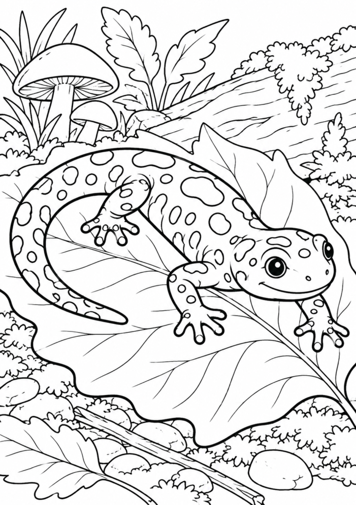 Salamander auf dem Blatt – Ausmalbild kostenlos – kostenlose Malvorlage zum Ausdrucken
