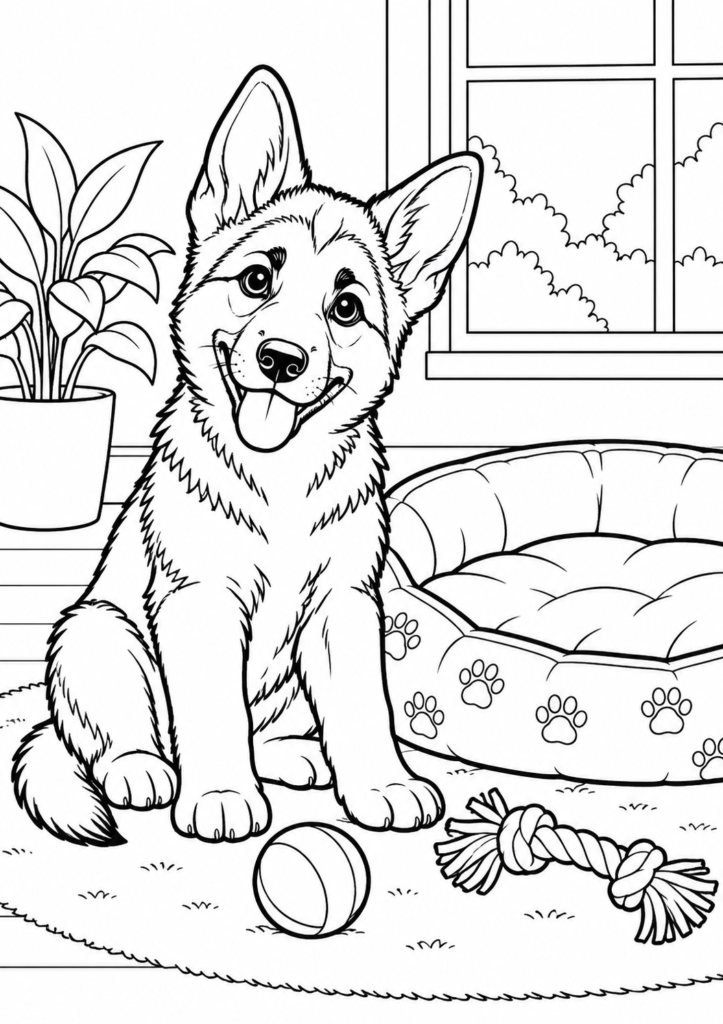 Schäferhund-Welpe – Ausmalbild kostenlos – kostenlose Malvorlage zum Ausdrucken