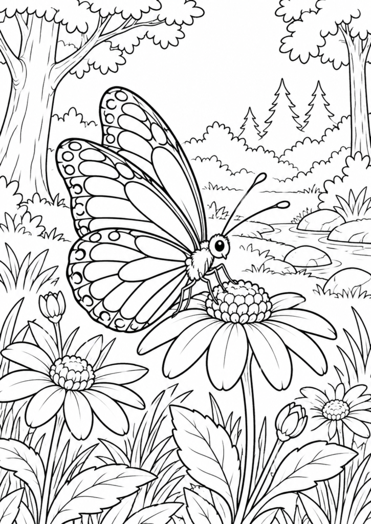 Schmetterling auf einer Waldblume – Ausmalbild kostenlos – kostenlose Malvorlage zum Ausdrucken