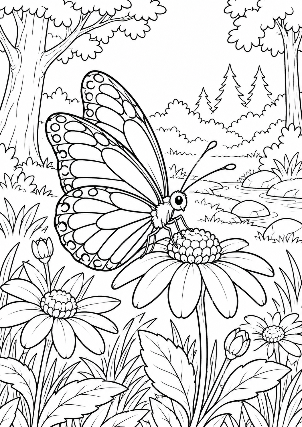 Schmetterling auf einer Waldblume – Ausmalbild kostenlos – Ausmalbild zum Ausdrucken