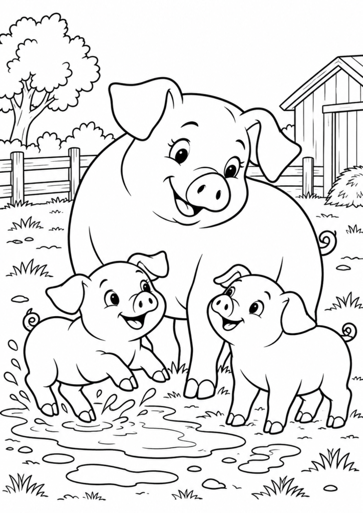 Schwein mit Ferkeln – Ausmalbild kostenlos – kostenlose Malvorlage zum Ausdrucken