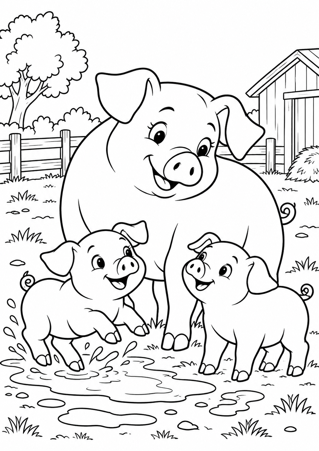 Schwein mit Ferkeln – Ausmalbild kostenlos – Ausmalbild zum Ausdrucken