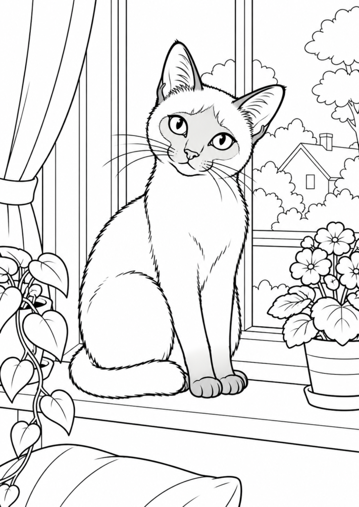 Siamkatze am Fenster – Ausmalbild kostenlos – kostenlose Malvorlage zum Ausdrucken