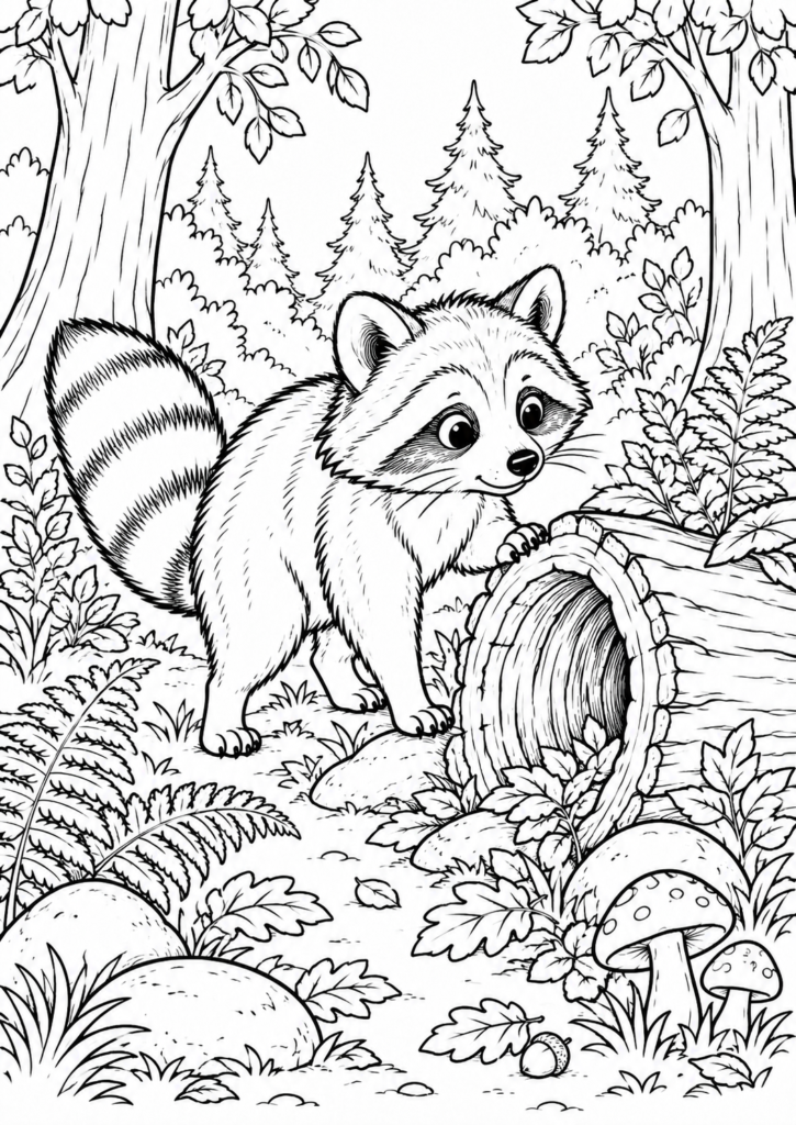 Waschbär im Wald – Ausmalbild kostenlos – kostenlose Malvorlage zum Ausdrucken