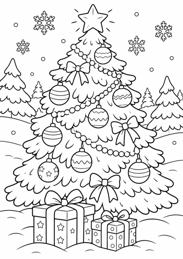 Weihnachtsbaum mit Kugeln – Ausmalbild kostenlos – kostenlose Malvorlage zum Ausdrucken
