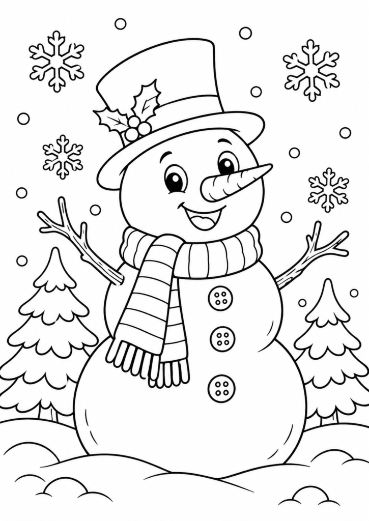 Schneemann mit Hut – Ausmalbild kostenlos – kostenlose Malvorlage zum Ausdrucken
