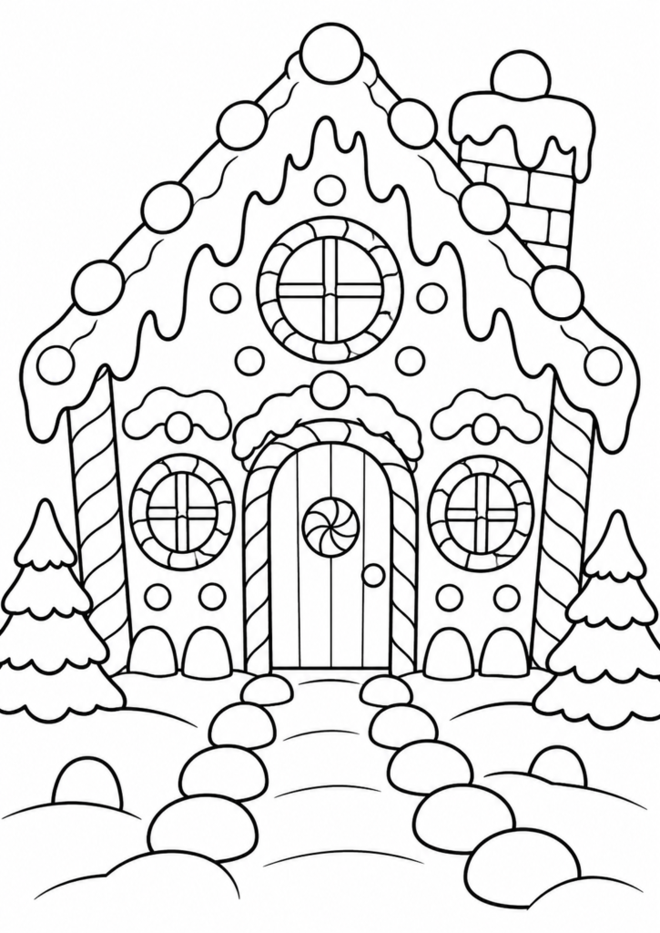 Lebkuchenhaus – Ausmalbild kostenlos – kostenlose Malvorlage zum Ausdrucken