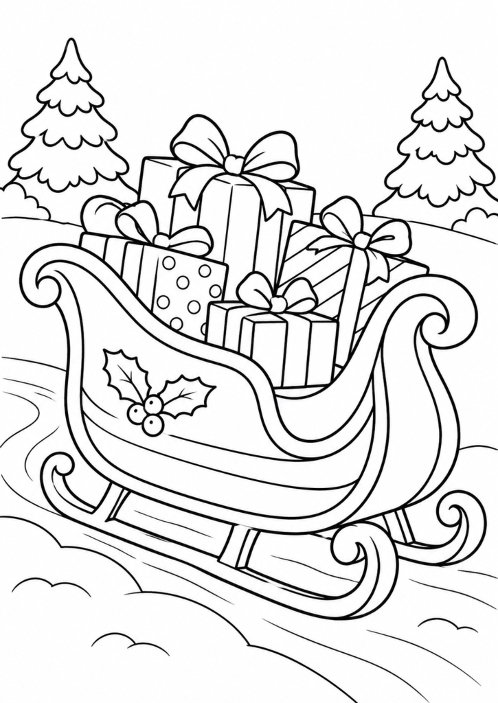 Weihnachtsschlitten – Ausmalbild kostenlos – kostenlose Malvorlage zum Ausdrucken