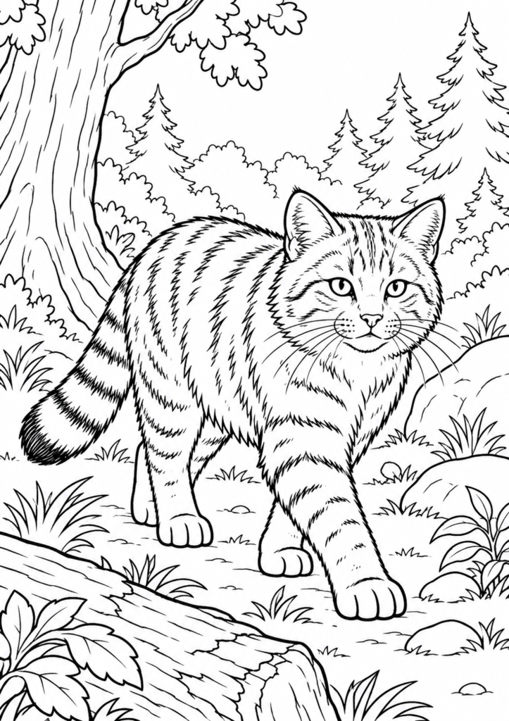 Wildkatze im Wald – Ausmalbild kostenlos – kostenlose Malvorlage zum Ausdrucken