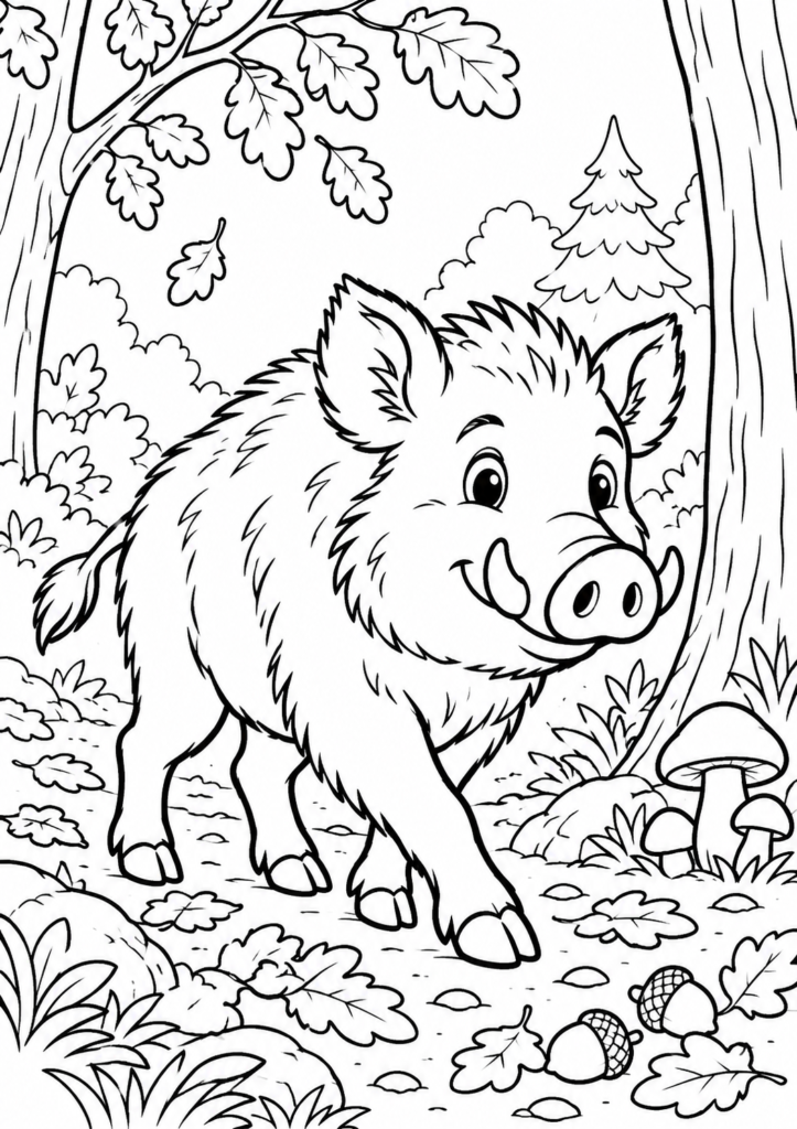 Wildschwein im Wald – Ausmalbild kostenlos – kostenlose Malvorlage zum Ausdrucken