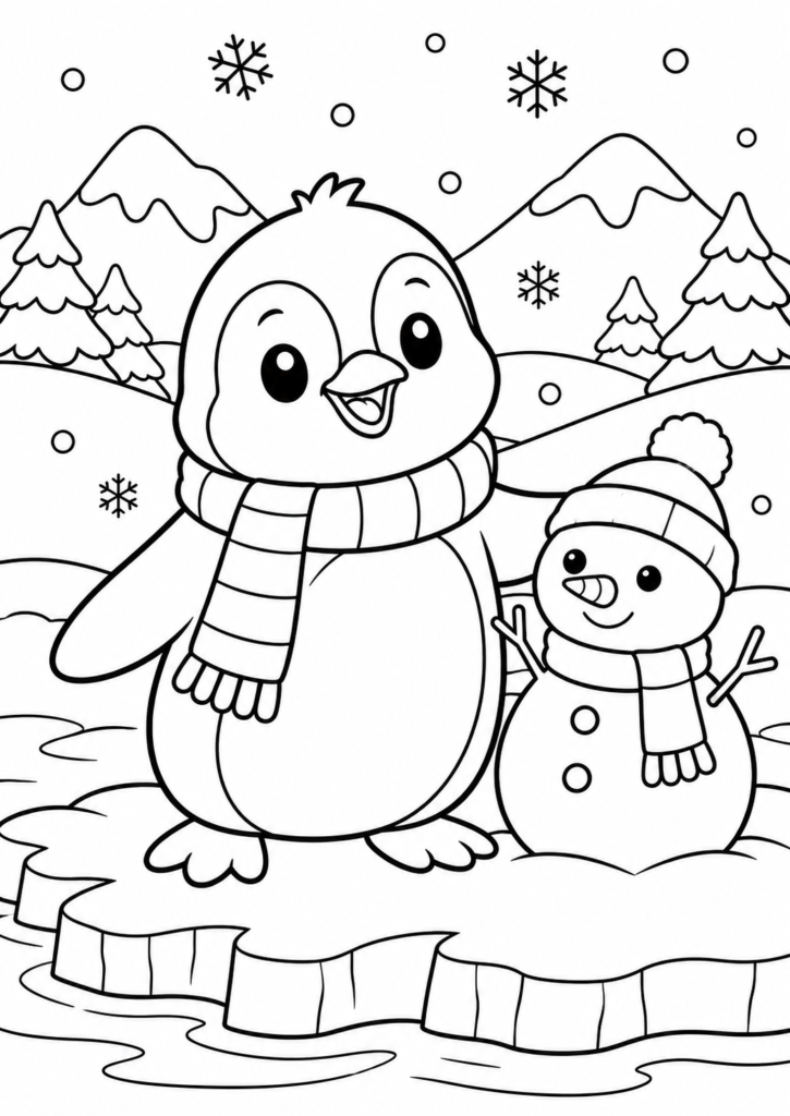 Pinguin im Schnee – Ausmalbild kostenlos – kostenlose Malvorlage zum Ausdrucken