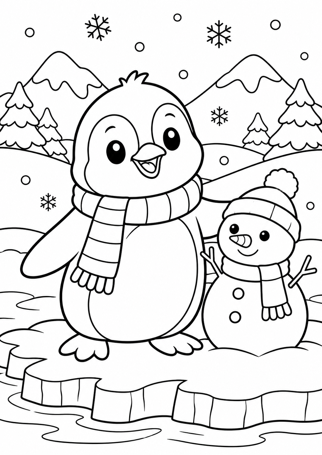 Pinguin im Schnee – Ausmalbild kostenlos – Ausmalbild zum Ausdrucken