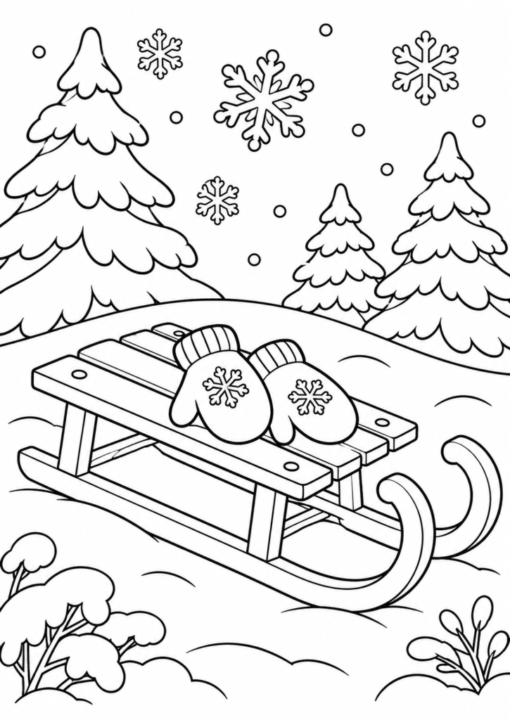 Schlitten im Schnee – Ausmalbild kostenlos – kostenlose Malvorlage zum Ausdrucken