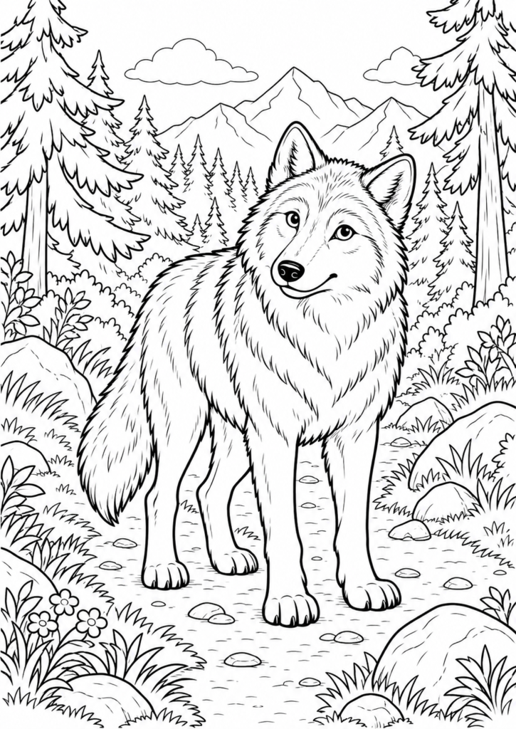 Wolf auf dem Waldweg – Ausmalbild kostenlos – kostenlose Malvorlage zum Ausdrucken