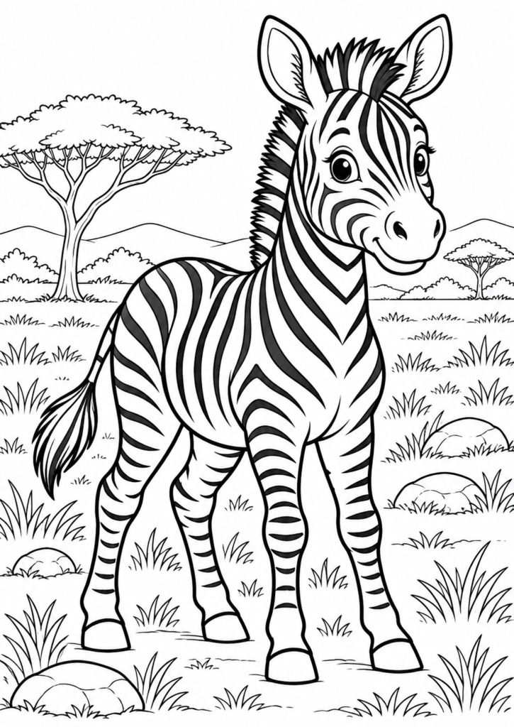 Zebra in der Savanne – Ausmalbild kostenlos – kostenlose Malvorlage zum Ausdrucken